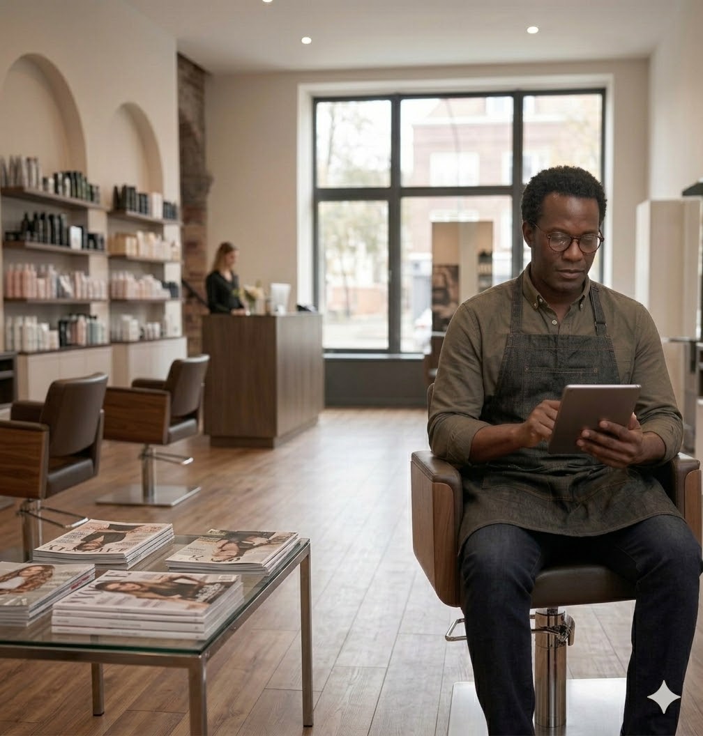 Beauty business manager reviewing financial records