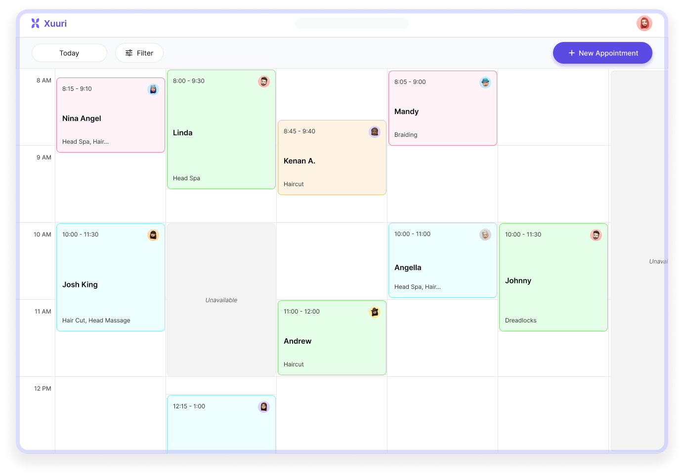 Xuuri appointment calendar showing scheduled customer bookings